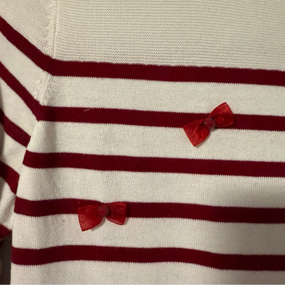 Talbots‎ Women’s Sweater Size MP Ivory Red Stripe Bow Embellished Tunic Pullover